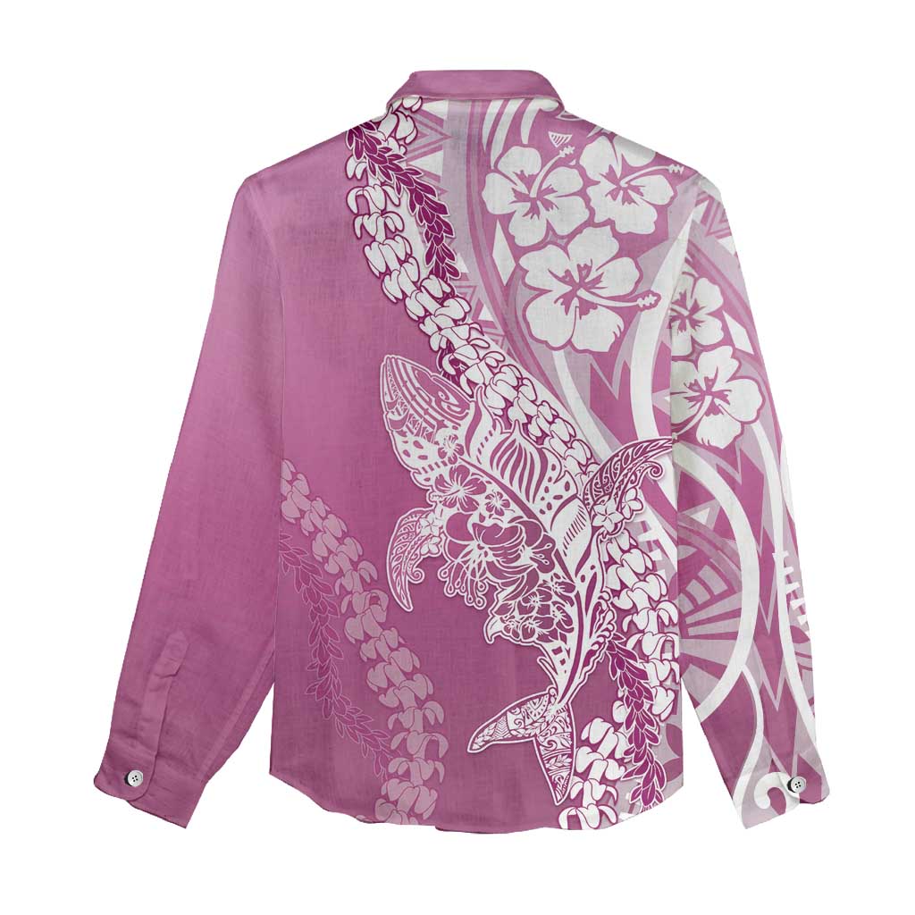 Hawaii Puakenikeni And Maile Lei Women Casual Shirt Pink Polynesian Shark Tattoo DT05