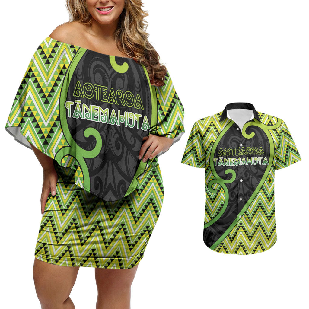 Custom Aotearoa Atua Tanemahuta Couples Matching Off Shoulder Short Dress and Hawaiian Shirt God Of Forests Koru Patterns Koru Patterns