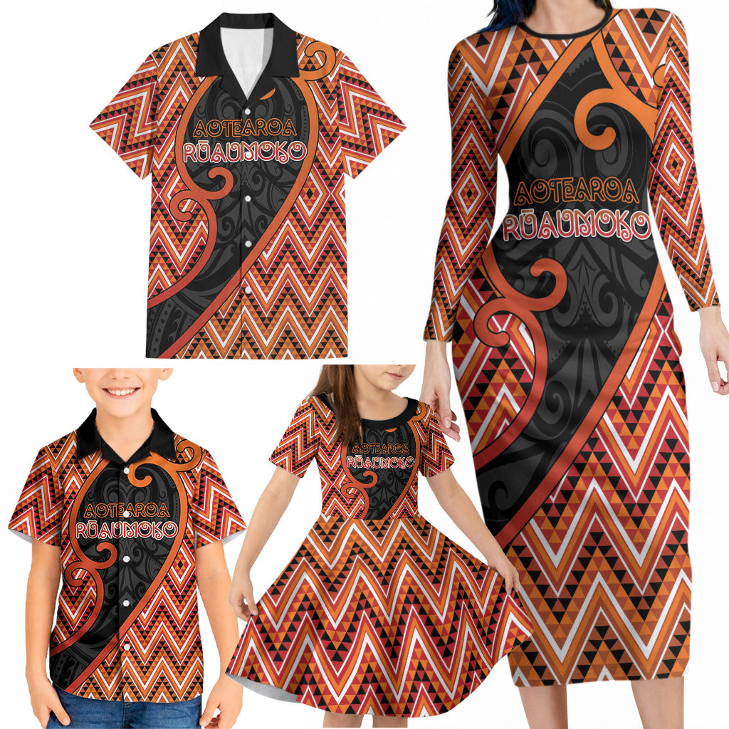 Custom Aotearoa Atua Ruaumoko Family Matching Long Sleeve Bodycon Dress and Hawaiian Shirt God Of Volcanoes Koru Patterns
