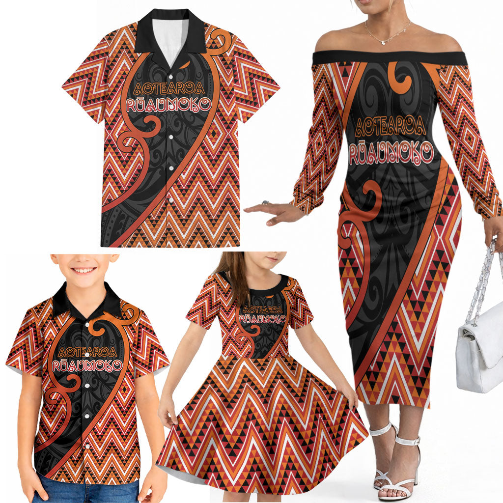 Custom Aotearoa Atua Ruaumoko Family Matching Off The Shoulder Long Sleeve Dress and Hawaiian Shirt God Of Volcanoes Koru Patterns