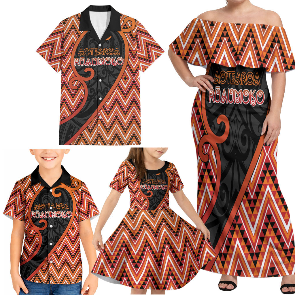 Custom Aotearoa Atua Ruaumoko Family Matching Off Shoulder Maxi Dress and Hawaiian Shirt God Of Volcanoes Koru Patterns