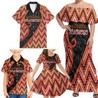 Custom Aotearoa Atua Ruaumoko Family Matching Off Shoulder Maxi Dress and Hawaiian Shirt God Of Volcanoes Koru Patterns