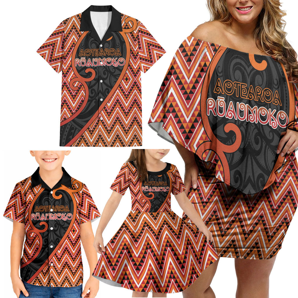 Custom Aotearoa Atua Ruaumoko Family Matching Off Shoulder Short Dress and Hawaiian Shirt God Of Volcanoes Koru Patterns