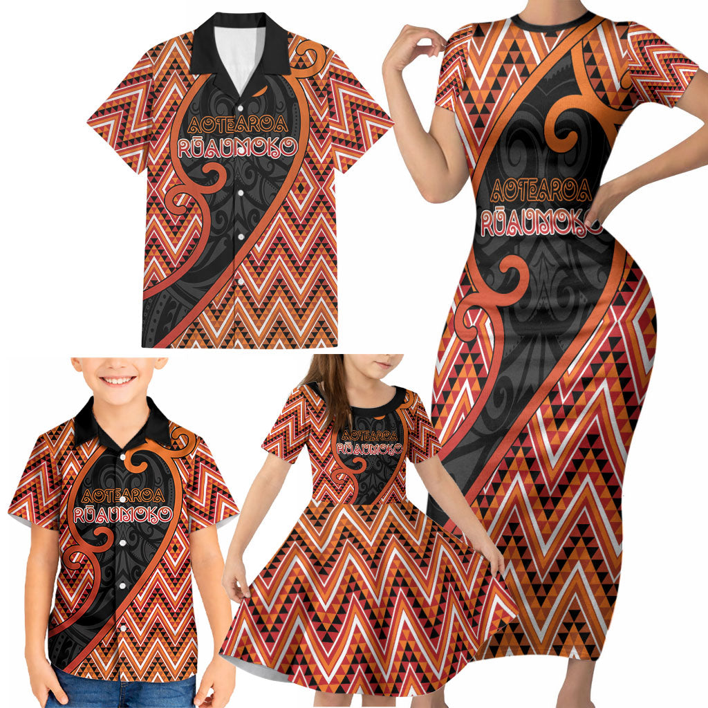 Custom Aotearoa Atua Ruaumoko Family Matching Short Sleeve Bodycon Dress and Hawaiian Shirt God Of Volcanoes Koru Patterns