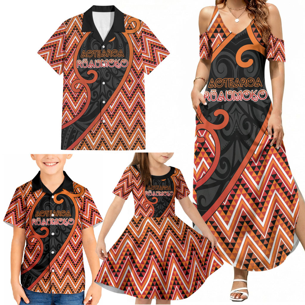 Custom Aotearoa Atua Ruaumoko Family Matching Summer Maxi Dress and Hawaiian Shirt God Of Volcanoes Koru Patterns