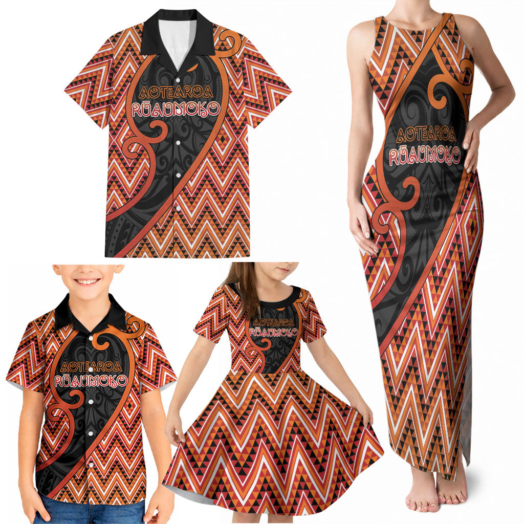 Custom Aotearoa Atua Ruaumoko Family Matching Tank Maxi Dress and Hawaiian Shirt God Of Volcanoes Koru Patterns