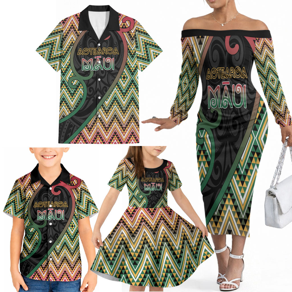 Custom Aotearoa Atua Maui Family Matching Off The Shoulder Long Sleeve Dress and Hawaiian Shirt Demigod Hero And Trickster Koru Patterns