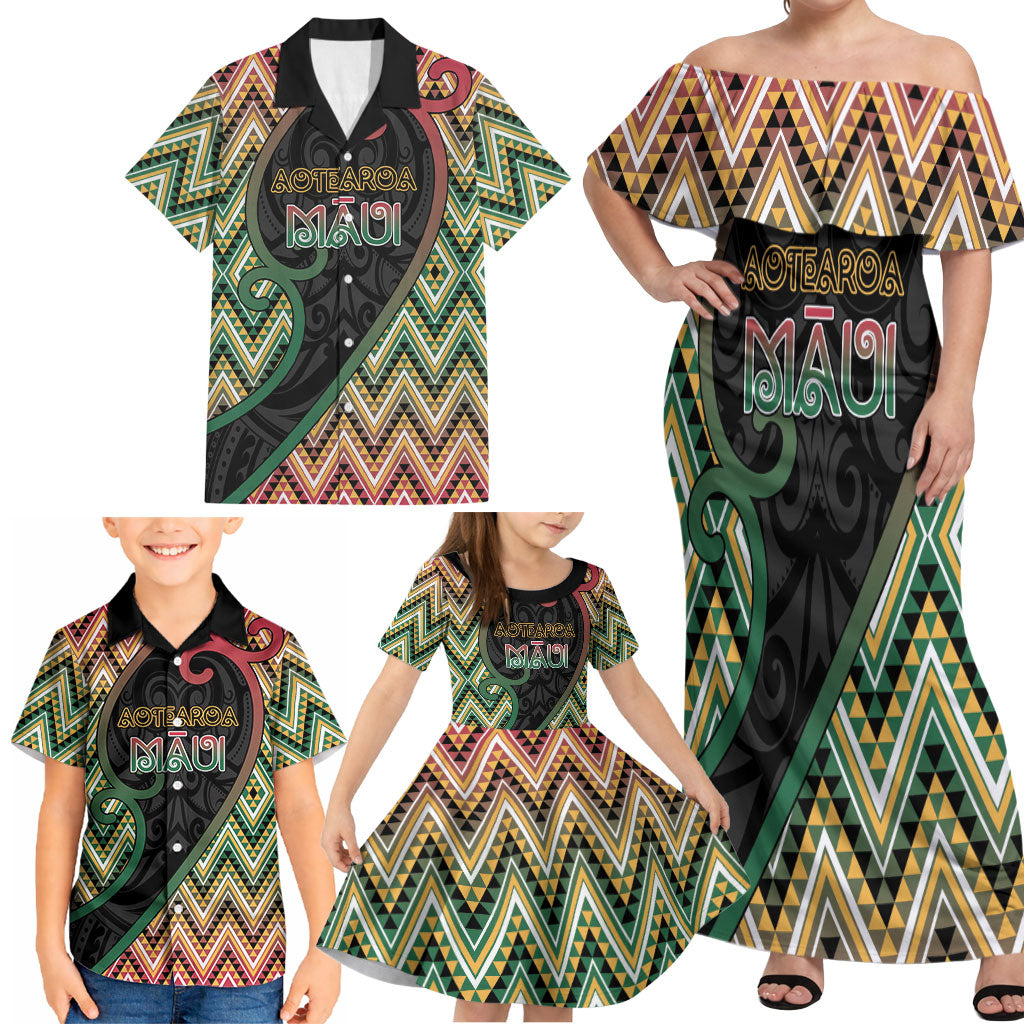 Custom Aotearoa Atua Maui Family Matching Off Shoulder Maxi Dress and Hawaiian Shirt Demigod Hero And Trickster Koru Patterns