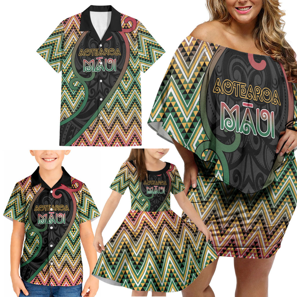 Custom Aotearoa Atua Maui Family Matching Off Shoulder Short Dress and Hawaiian Shirt Demigod Hero And Trickster Koru Patterns