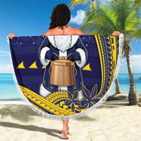 Tokelau Christmas Beach Blanket Santa With Tuluma Xmas Tribal Waves - Polynesian Pride