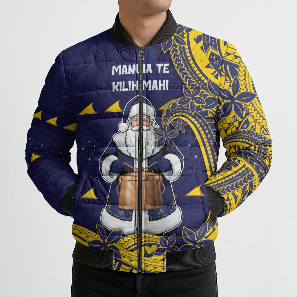 Tokelau Christmas Bomber Puffer Jacket Santa With Tuluma Xmas Tribal Waves - Polynesian Pride