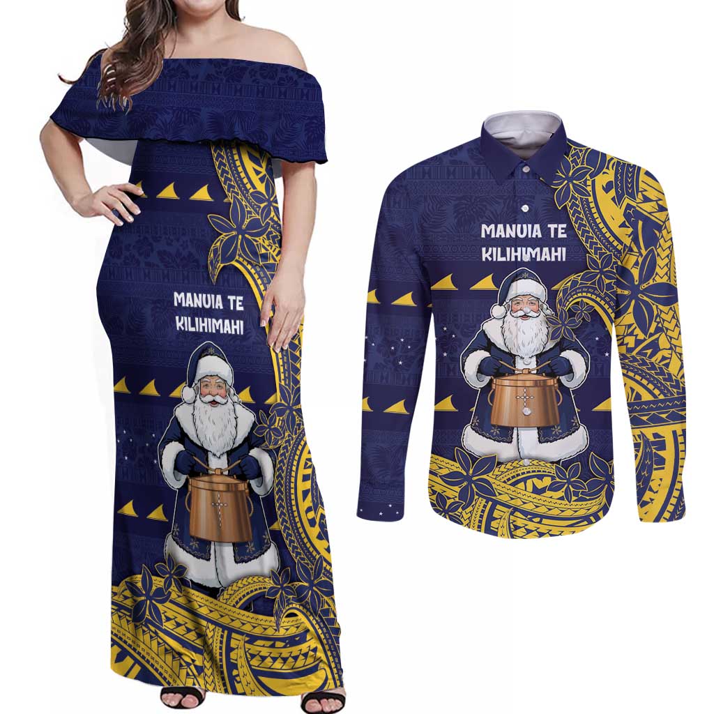 Tokelau Christmas Couples Matching Off Shoulder Maxi Dress and Long Sleeve Button Shirt Santa With Tuluma Xmas Tribal Waves - Polynesian Pride
