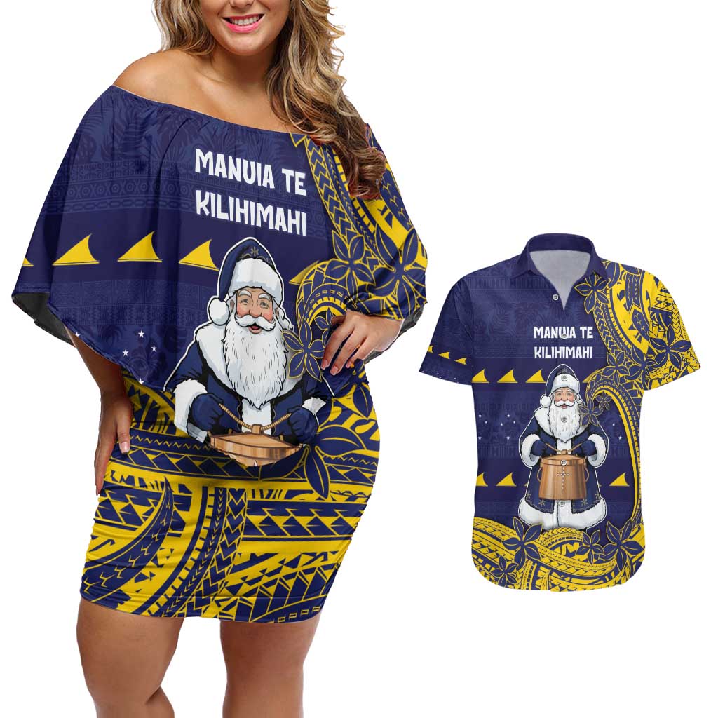 Tokelau Christmas Couples Matching Off Shoulder Short Dress and Hawaiian Shirt Santa With Tuluma Xmas Tribal Waves - Polynesian Pride