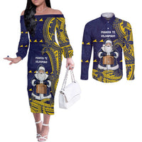 Tokelau Christmas Couples Matching Off The Shoulder Long Sleeve Dress and Long Sleeve Button Shirt Santa With Tuluma Xmas Tribal Waves - Polynesian Pride