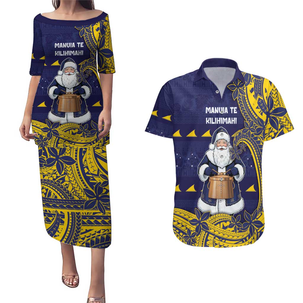 Tokelau Christmas Couples Matching Puletasi and Hawaiian Shirt Santa With Tuluma Xmas Tribal Waves - Polynesian Pride