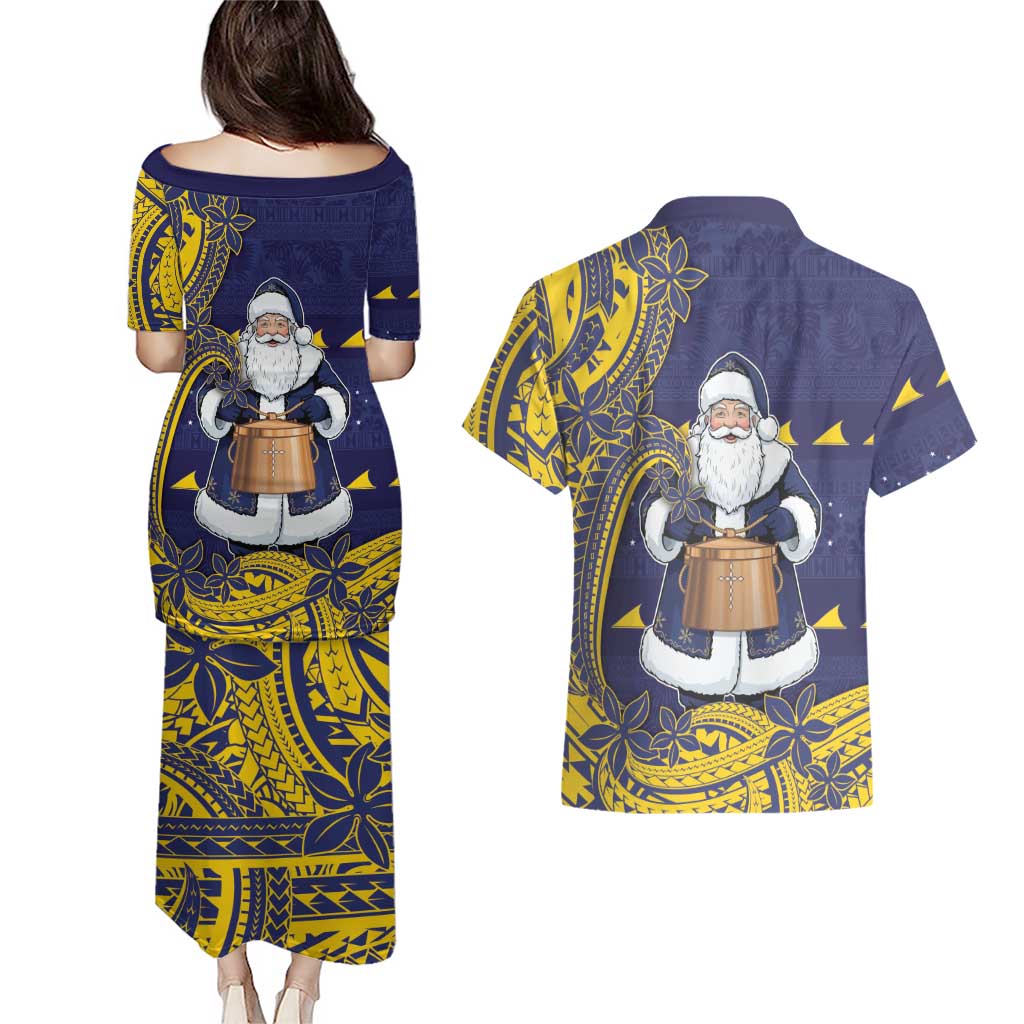 Tokelau Christmas Couples Matching Puletasi and Hawaiian Shirt Santa With Tuluma Xmas Tribal Waves - Polynesian Pride