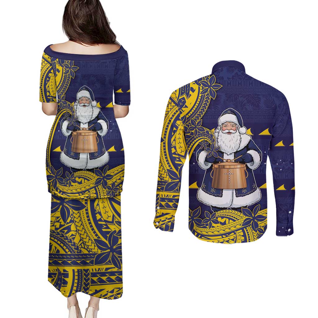 Tokelau Christmas Couples Matching Puletasi and Long Sleeve Button Shirt Santa With Tuluma Xmas Tribal Waves - Polynesian Pride