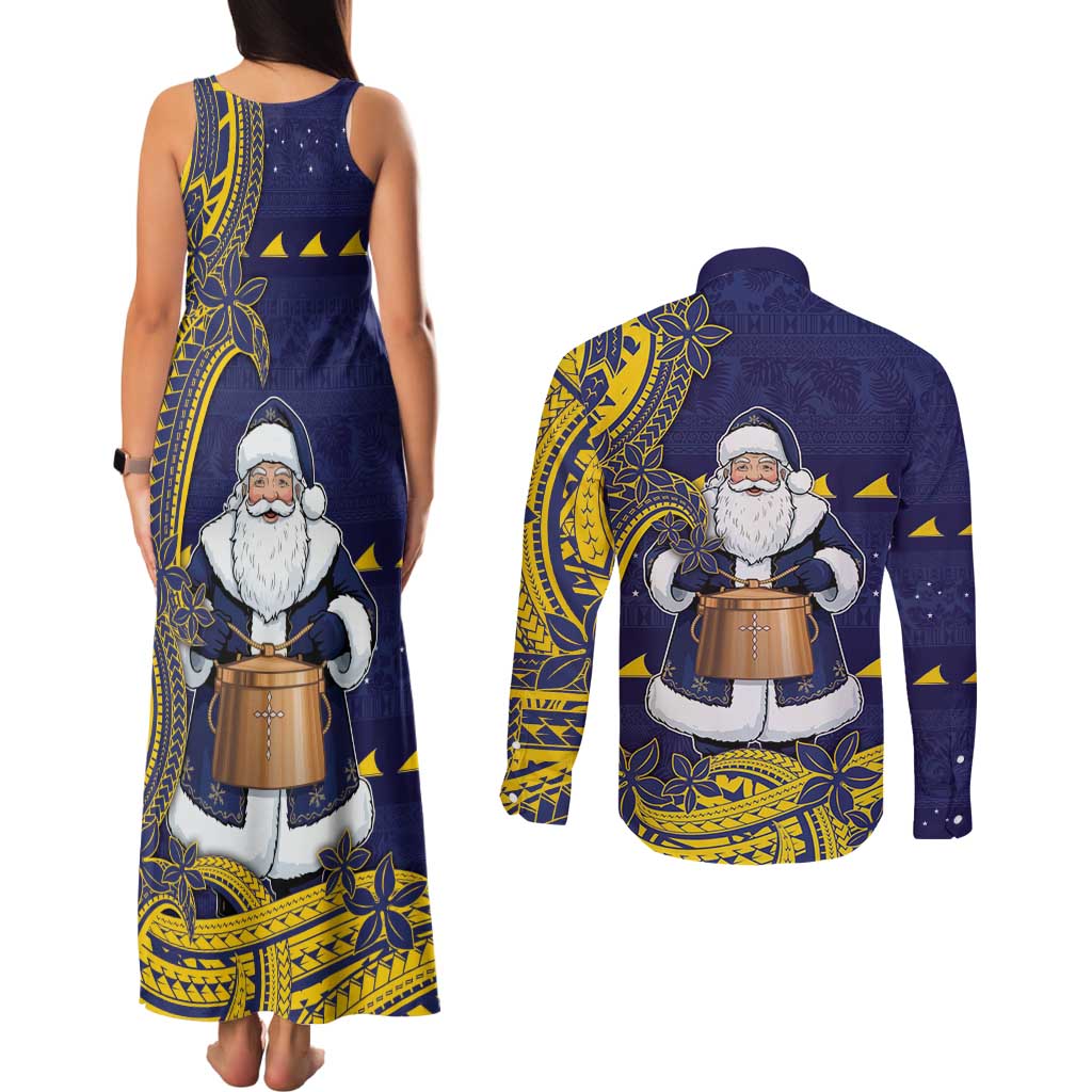 Tokelau Christmas Couples Matching Tank Maxi Dress and Long Sleeve Button Shirt Santa With Tuluma Xmas Tribal Waves - Polynesian Pride