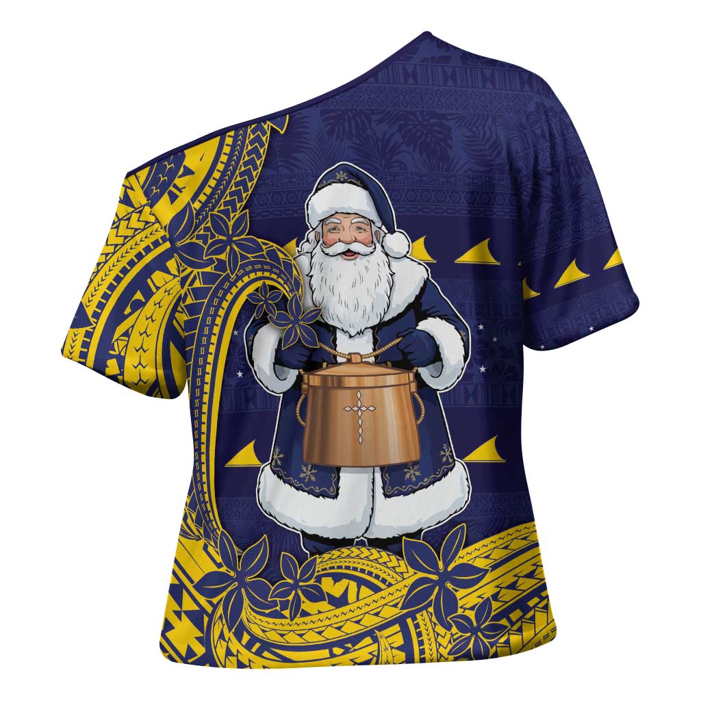 Tokelau Christmas Cross Shoulder Shirt Santa With Tuluma Xmas Tribal Waves - Polynesian Pride