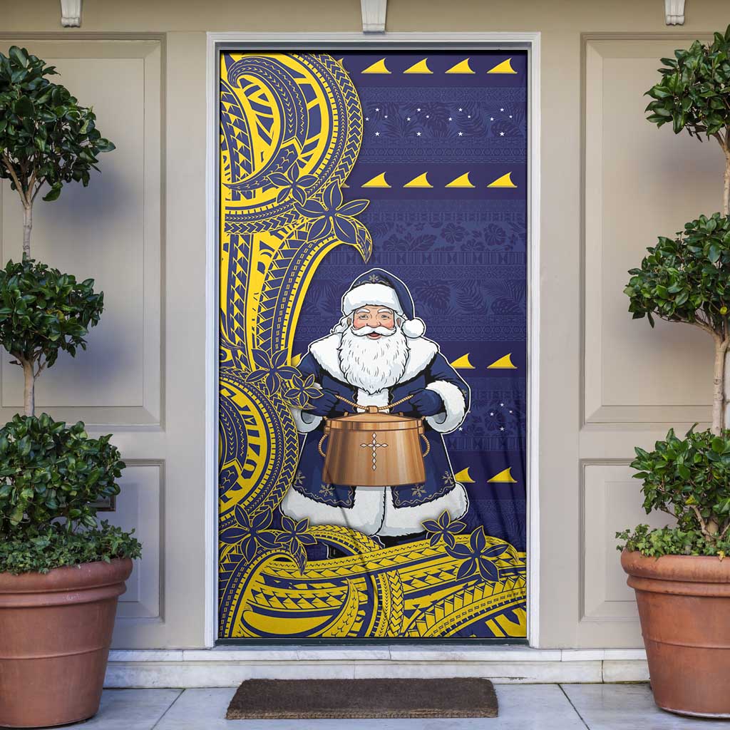 Tokelau Christmas Door Cover Santa With Tuluma Xmas Tribal Waves - Polynesian Pride