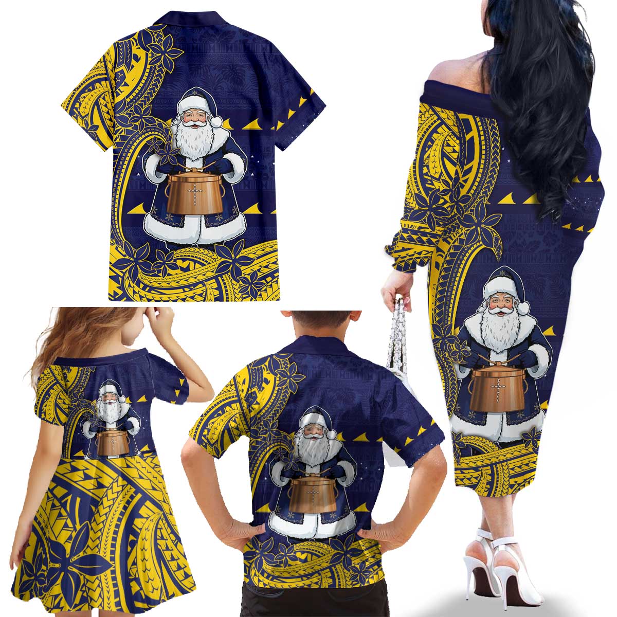 Tokelau Christmas Family Matching Off The Shoulder Long Sleeve Dress and Hawaiian Shirt Santa With Tuluma Xmas Tribal Waves - Polynesian Pride