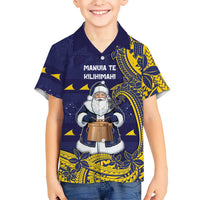 Tokelau Christmas Kid Hawaiian Shirt Santa With Tuluma Xmas Tribal Waves DT05 Kid Navy - Polynesian Pride