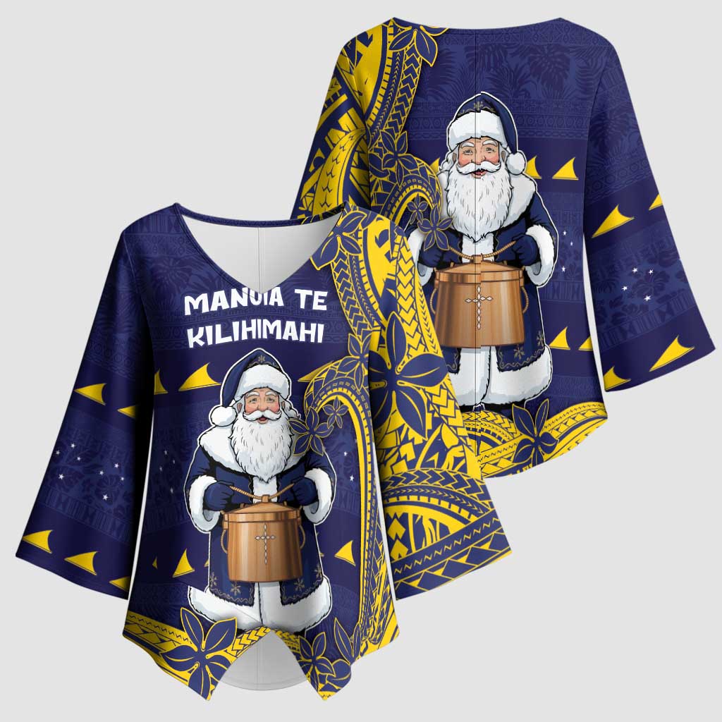 Tokelau Christmas Kimono Sleeve Blouse Santa With Tuluma Xmas Tribal Waves - Polynesian Pride