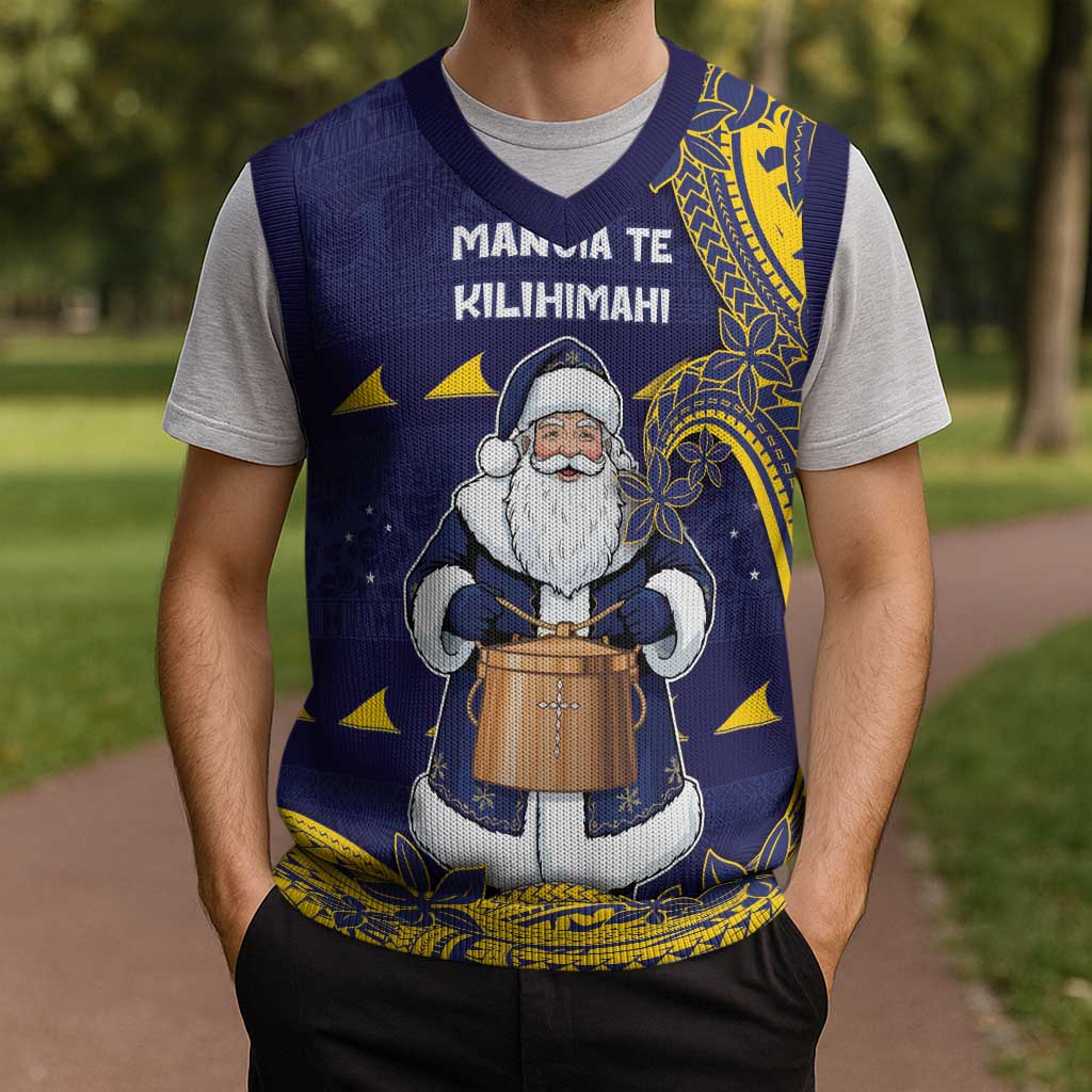 Tokelau Christmas Knitted V-Neck Vest Santa With Tuluma Xmas Tribal Waves DT05 - Polynesian Pride