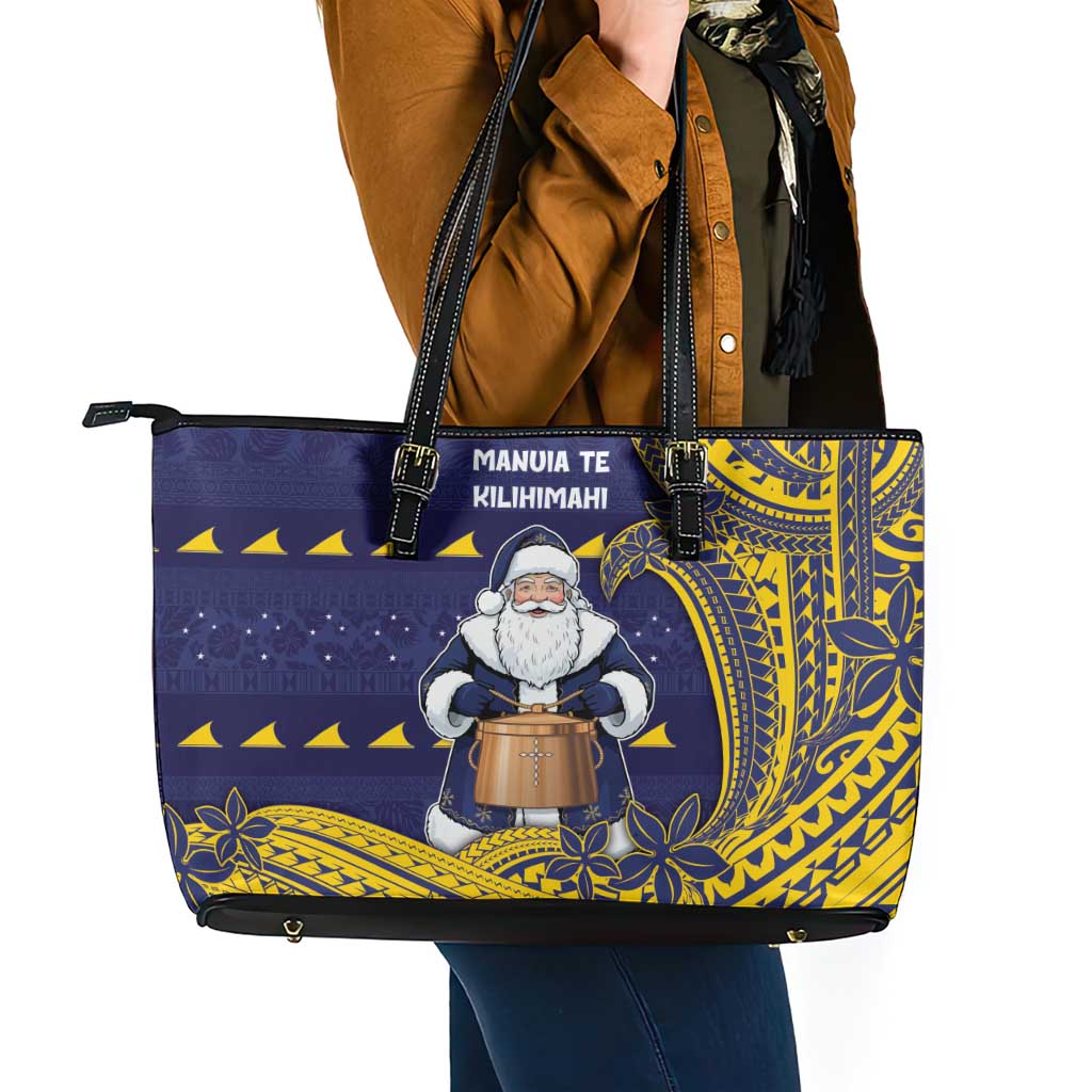 Tokelau Christmas Leather Tote Bag Santa With Tuluma Xmas Tribal Waves - Polynesian Pride