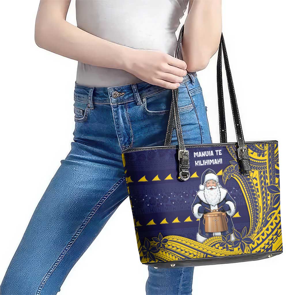 Tokelau Christmas Leather Tote Bag Santa With Tuluma Xmas Tribal Waves - Polynesian Pride