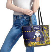 Tokelau Christmas Leather Tote Bag Santa With Tuluma Xmas Tribal Waves - Polynesian Pride