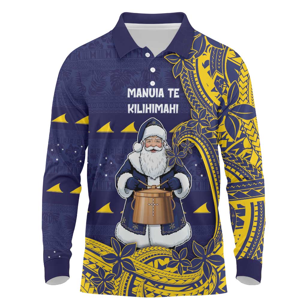 Tokelau Christmas Long Sleeve Polo Shirt Santa With Tuluma Xmas Tribal Waves - Polynesian Pride