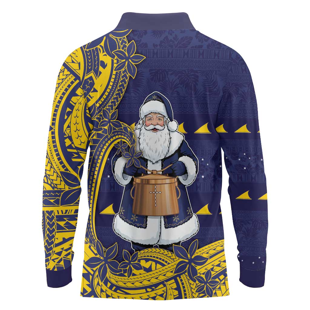 Tokelau Christmas Long Sleeve Polo Shirt Santa With Tuluma Xmas Tribal Waves - Polynesian Pride