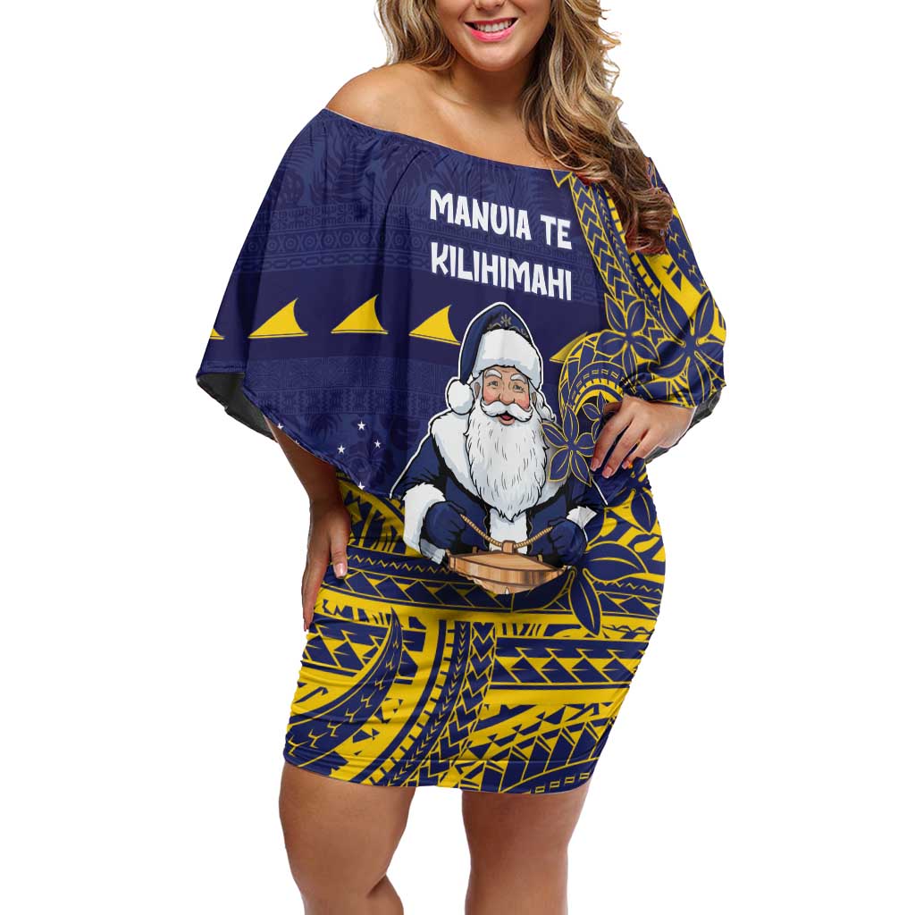 Tokelau Christmas Off Shoulder Short Dress Santa With Tuluma Xmas Tribal Waves - Polynesian Pride