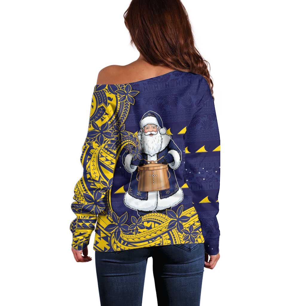 Tokelau Christmas Off Shoulder Sweater Santa With Tuluma Xmas Tribal Waves - Polynesian Pride