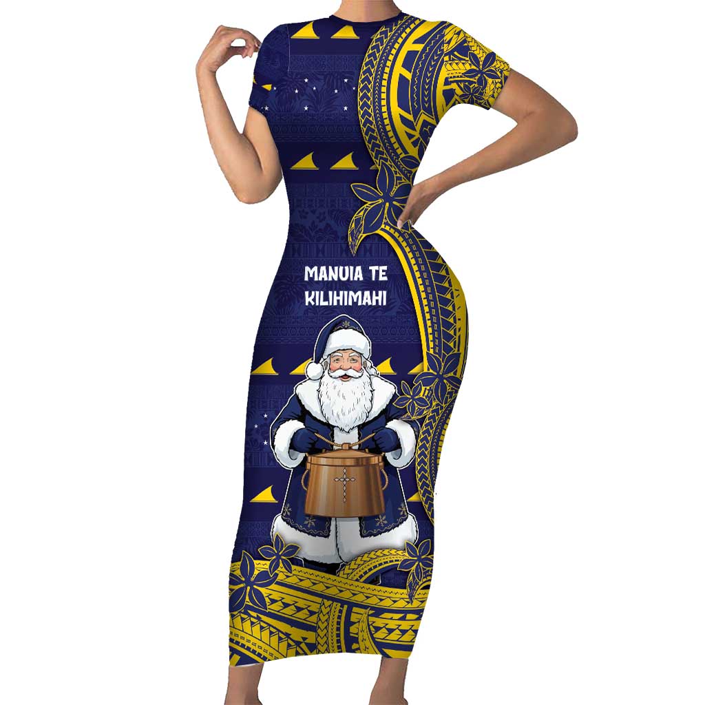 Tokelau Christmas Short Sleeve Bodycon Dress Santa With Tuluma Xmas Tribal Waves - Polynesian Pride