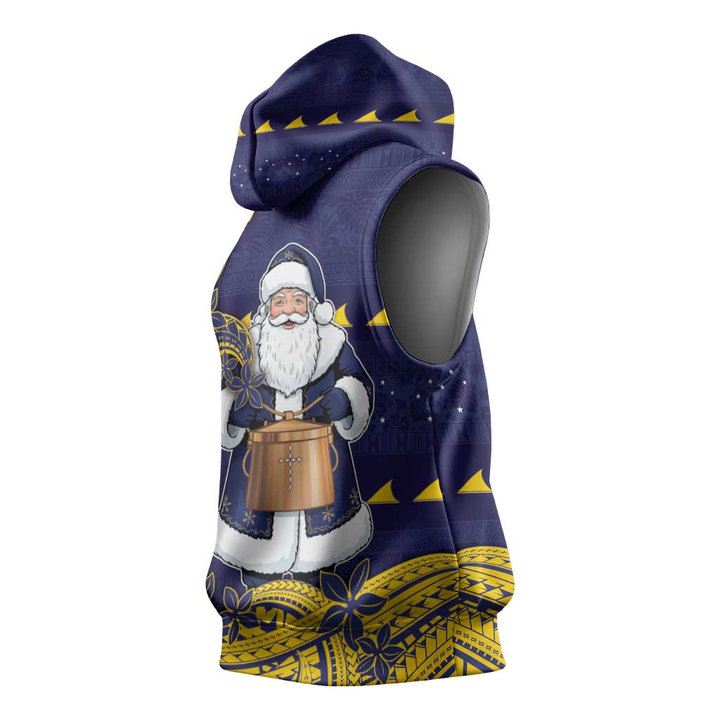 Tokelau Christmas Sleeveless Hoodie Santa With Tuluma Xmas Tribal Waves - Polynesian Pride
