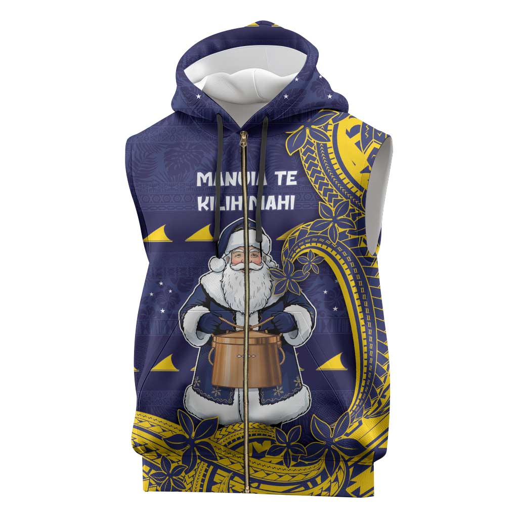 Tokelau Christmas Sleeveless Zip Hoodie Santa With Tuluma Xmas Tribal Waves - Polynesian Pride