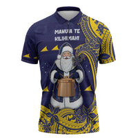 Tokelau Christmas Zipper Polo Shirt Santa With Tuluma Xmas Tribal Waves - Polynesian Pride