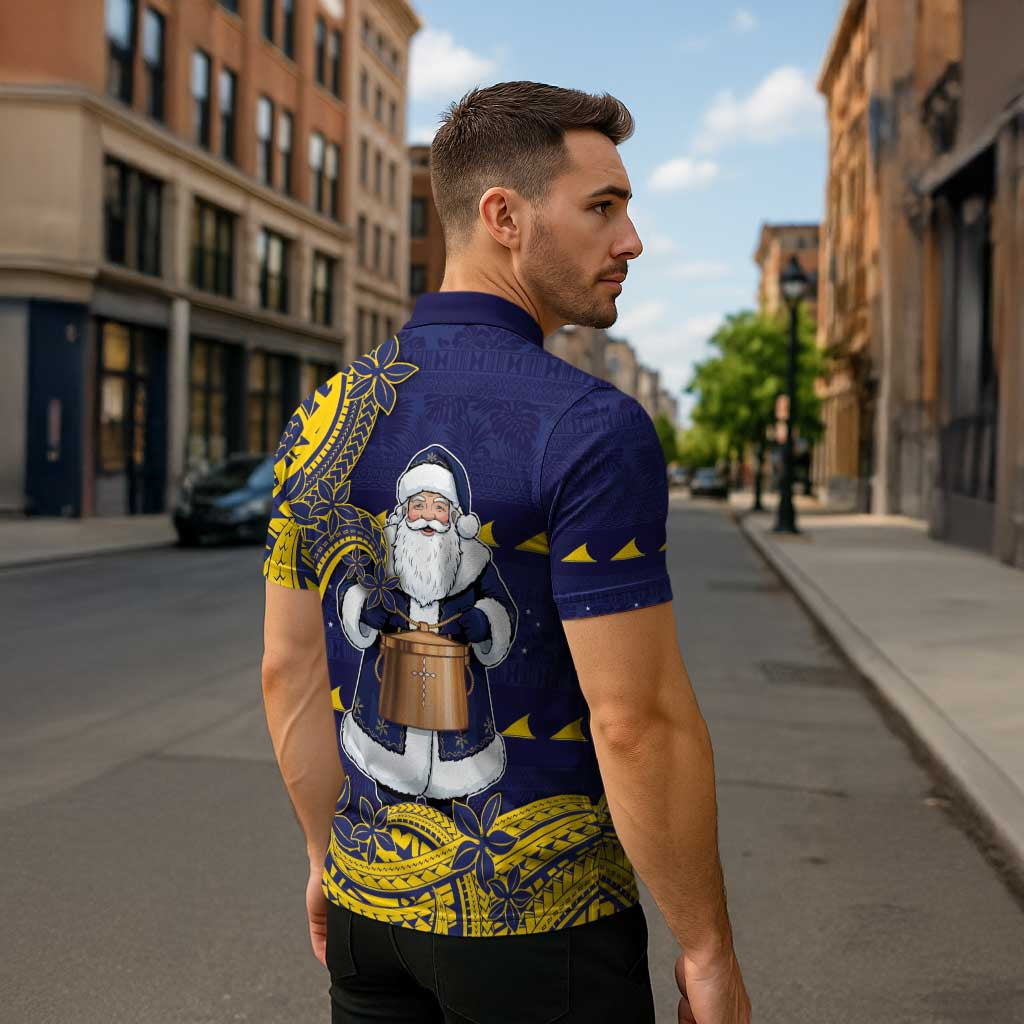 Tokelau Christmas Zipper Polo Shirt Santa With Tuluma Xmas Tribal Waves - Polynesian Pride