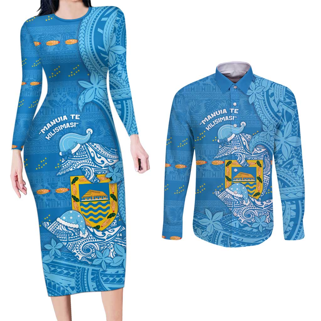 Tuvalu Christmas Couples Matching Long Sleeve Bodycon Dress and Long Sleeve Button Shirt Dolphins Santa Xmas Tribal Waves - Polynesian Pride