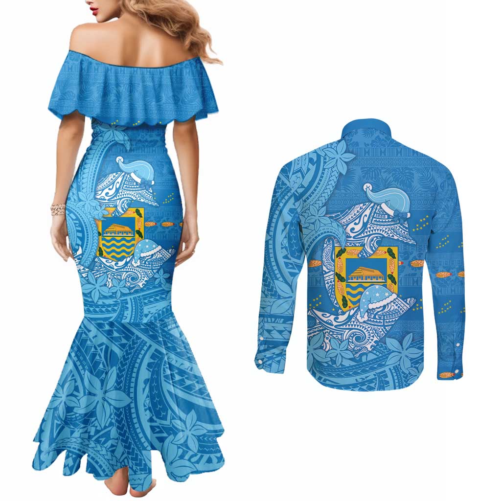 Tuvalu Christmas Couples Matching Mermaid Dress and Long Sleeve Button Shirt Dolphins Santa Xmas Tribal Waves - Polynesian Pride