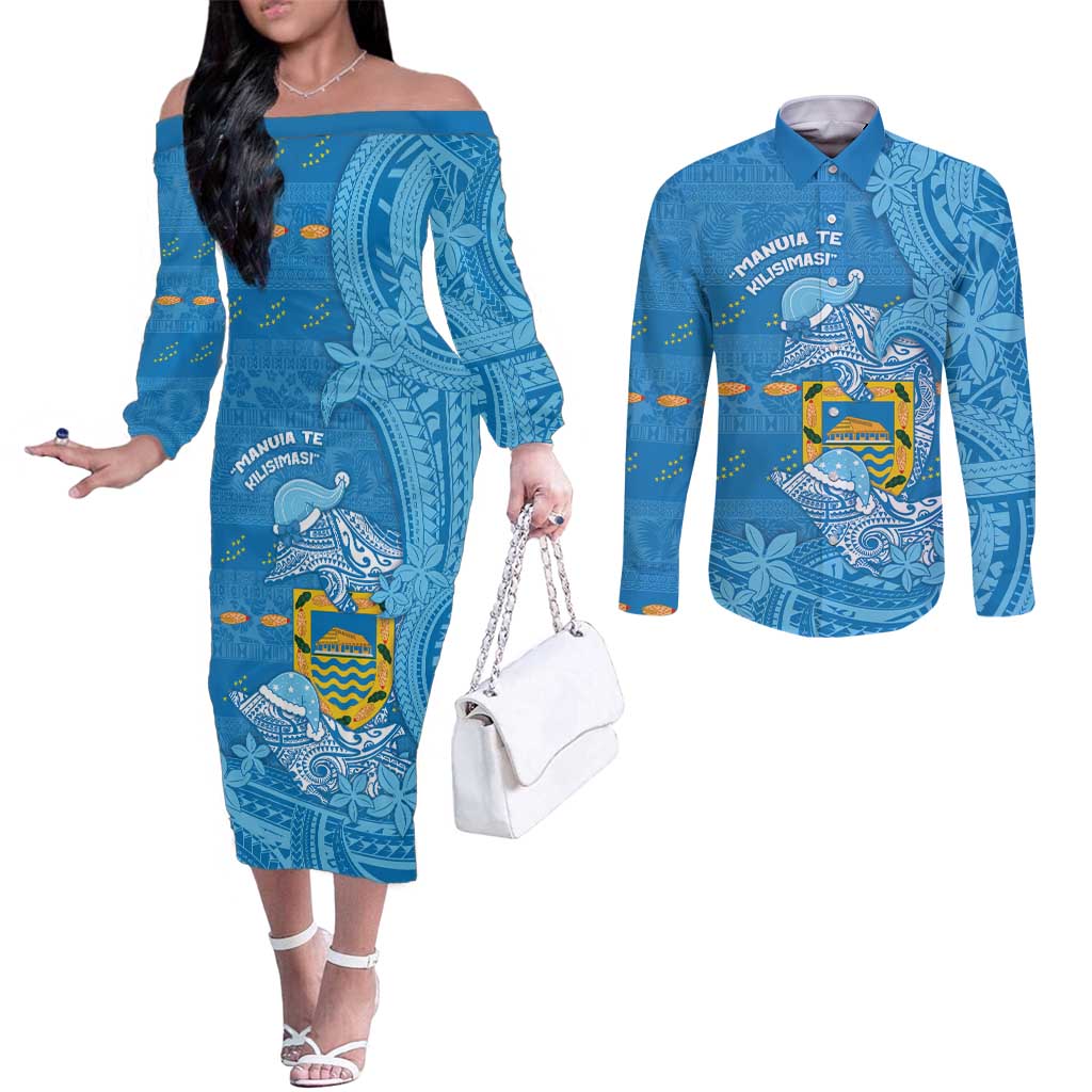 Tuvalu Christmas Couples Matching Off The Shoulder Long Sleeve Dress and Long Sleeve Button Shirt Dolphins Santa Xmas Tribal Waves - Polynesian Pride