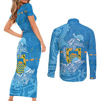 Tuvalu Christmas Couples Matching Short Sleeve Bodycon Dress and Long Sleeve Button Shirt Dolphins Santa Xmas Tribal Waves - Polynesian Pride