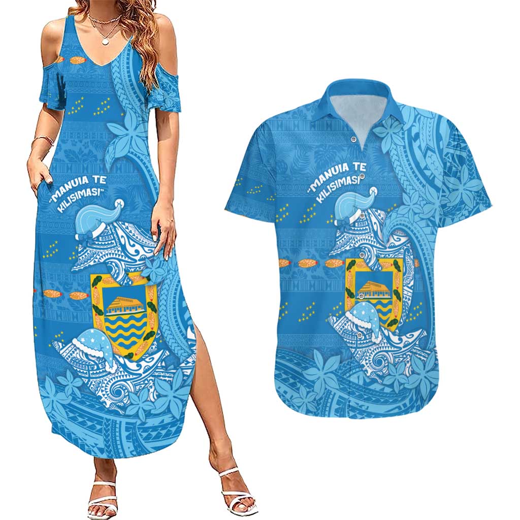Tuvalu Christmas Couples Matching Summer Maxi Dress and Hawaiian Shirt Dolphins Santa Xmas Tribal Waves - Polynesian Pride