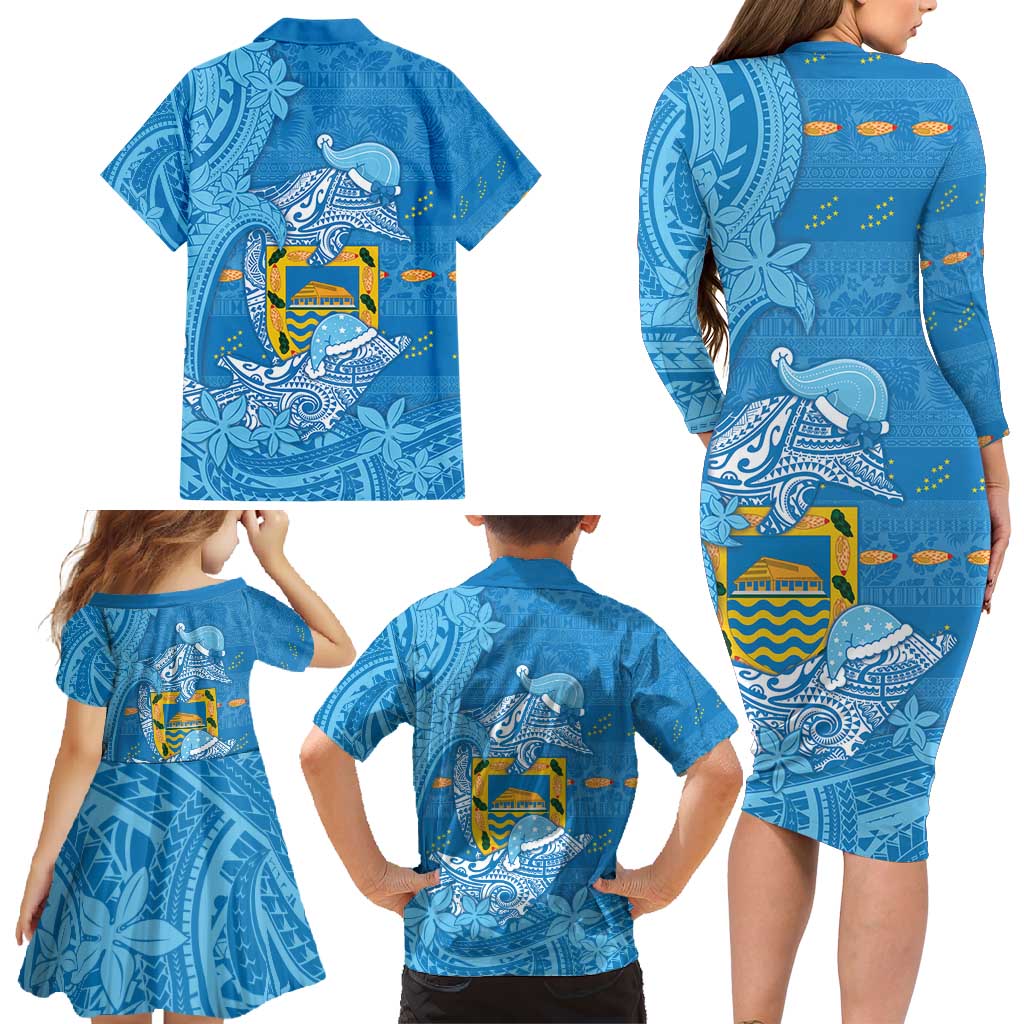Tuvalu Christmas Family Matching Long Sleeve Bodycon Dress and Hawaiian Shirt Dolphins Santa Xmas Tribal Waves - Polynesian Pride