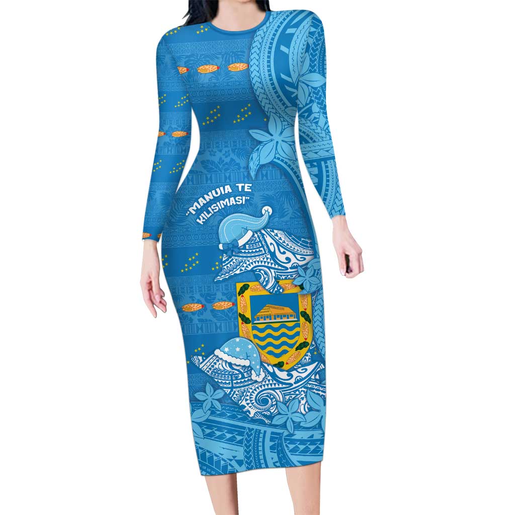 Tuvalu Christmas Family Matching Long Sleeve Bodycon Dress and Hawaiian Shirt Dolphins Santa Xmas Tribal Waves - Polynesian Pride