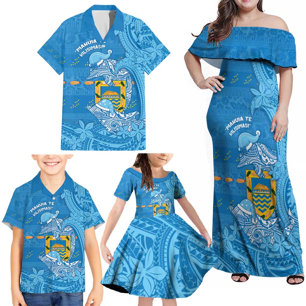 Tuvalu Christmas Family Matching Off Shoulder Maxi Dress and Hawaiian Shirt Dolphins Santa Xmas Tribal Waves - Polynesian Pride