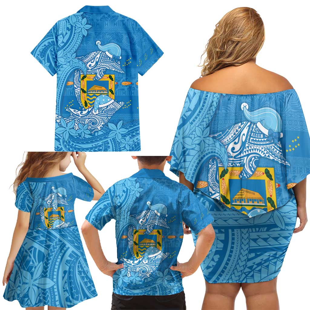 Tuvalu Christmas Family Matching Off Shoulder Short Dress and Hawaiian Shirt Dolphins Santa Xmas Tribal Waves - Polynesian Pride