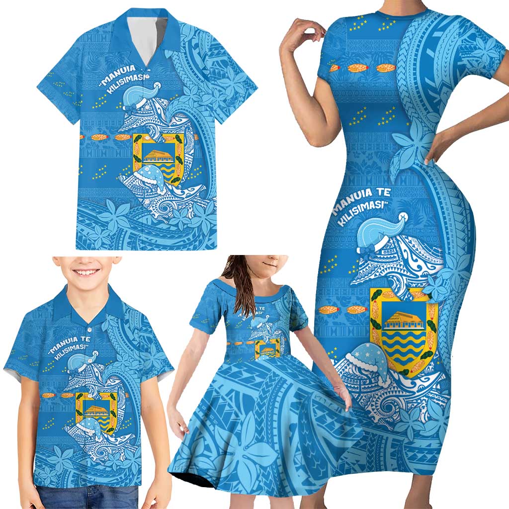 Tuvalu Christmas Family Matching Short Sleeve Bodycon Dress and Hawaiian Shirt Dolphins Santa Xmas Tribal Waves - Polynesian Pride